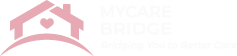 MyCare Bridge logo featuring a pink house with a heart and a curved bridge, symbolising compassion, connection, and quality home care.