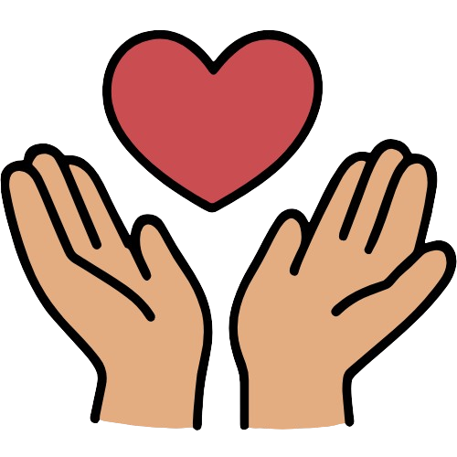 Two open hands holding a red heart, representing care, support, and dedication to service