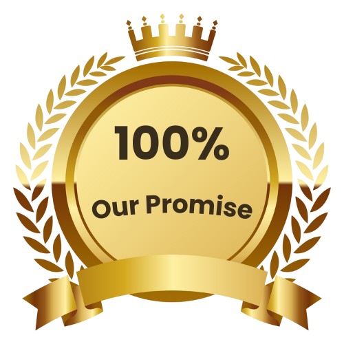 Gold 100% Our Promise guarantee badge with crown and laurel wreath, representing service quality and satisfaction assurance.