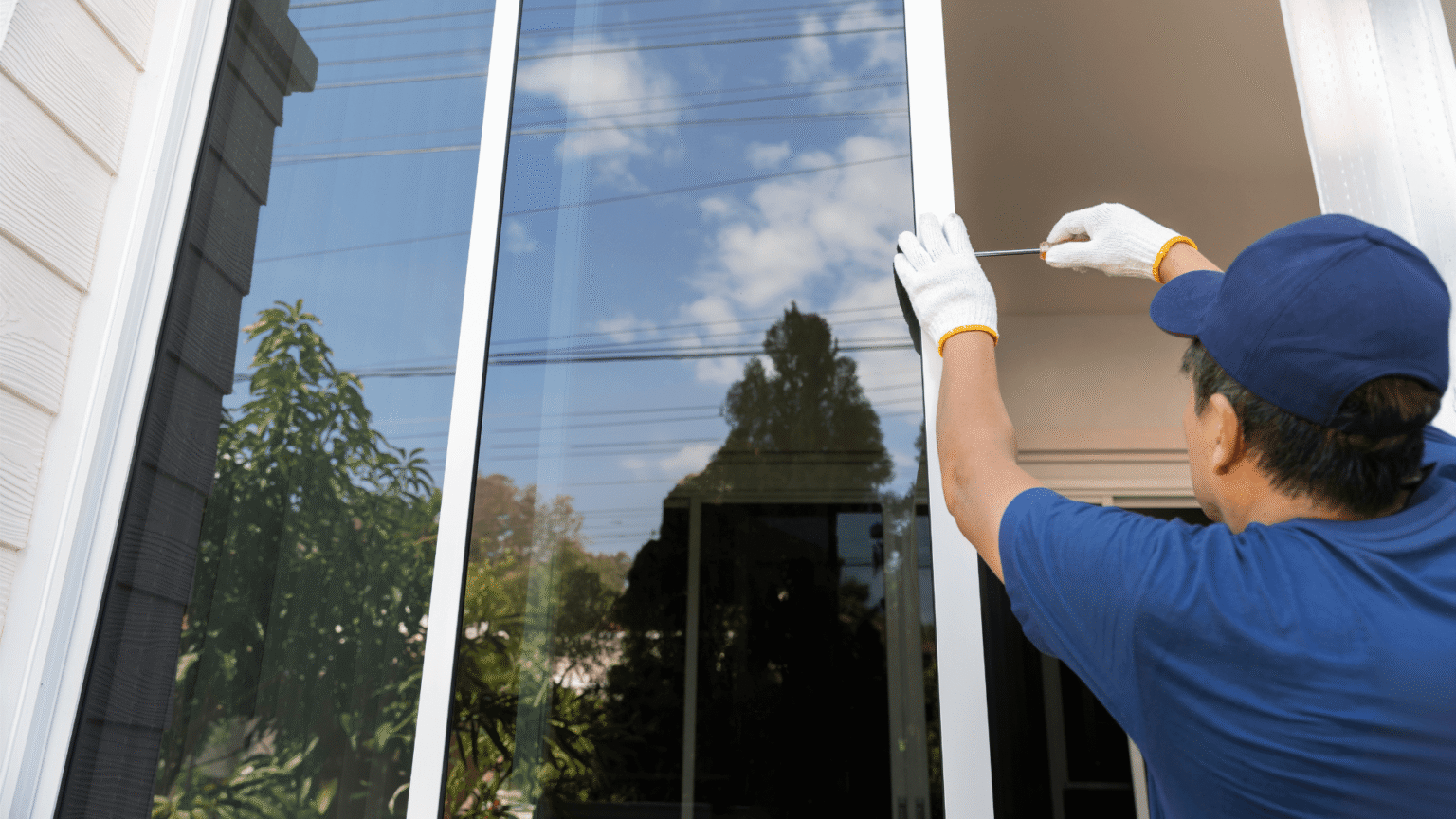 Technician repairing sliding window frame with screwdriver