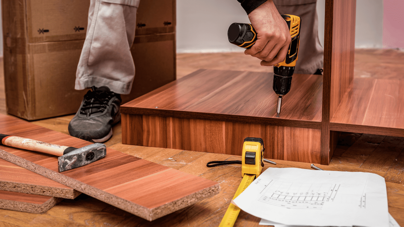 Person assembling wooden furniture using a drill and measuring tape